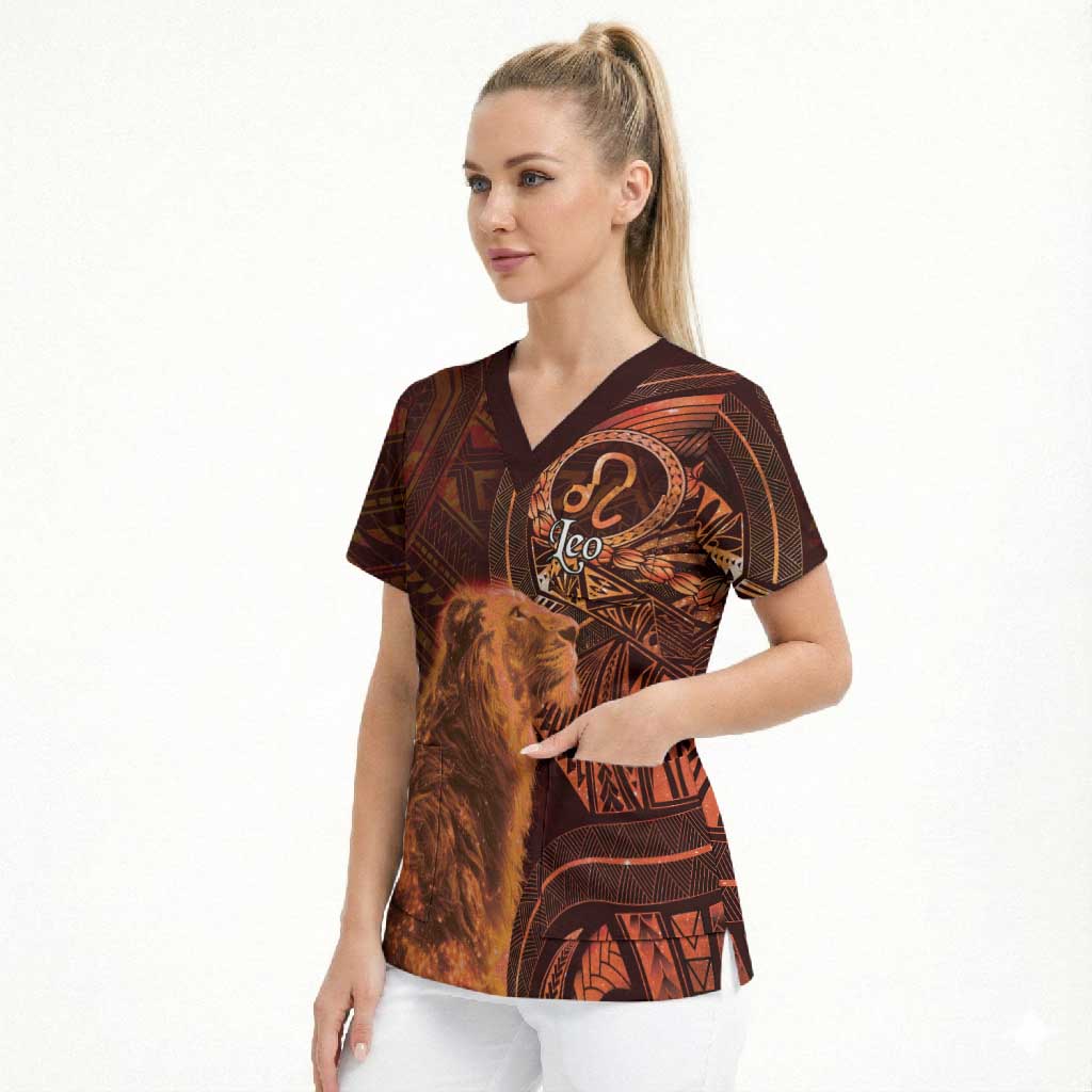 Personalised Polynesia Zodiac Leo Scrub Top Galaxy Polynesian Pattern Chest Tattoo Style LT14 - Polynesian Pride