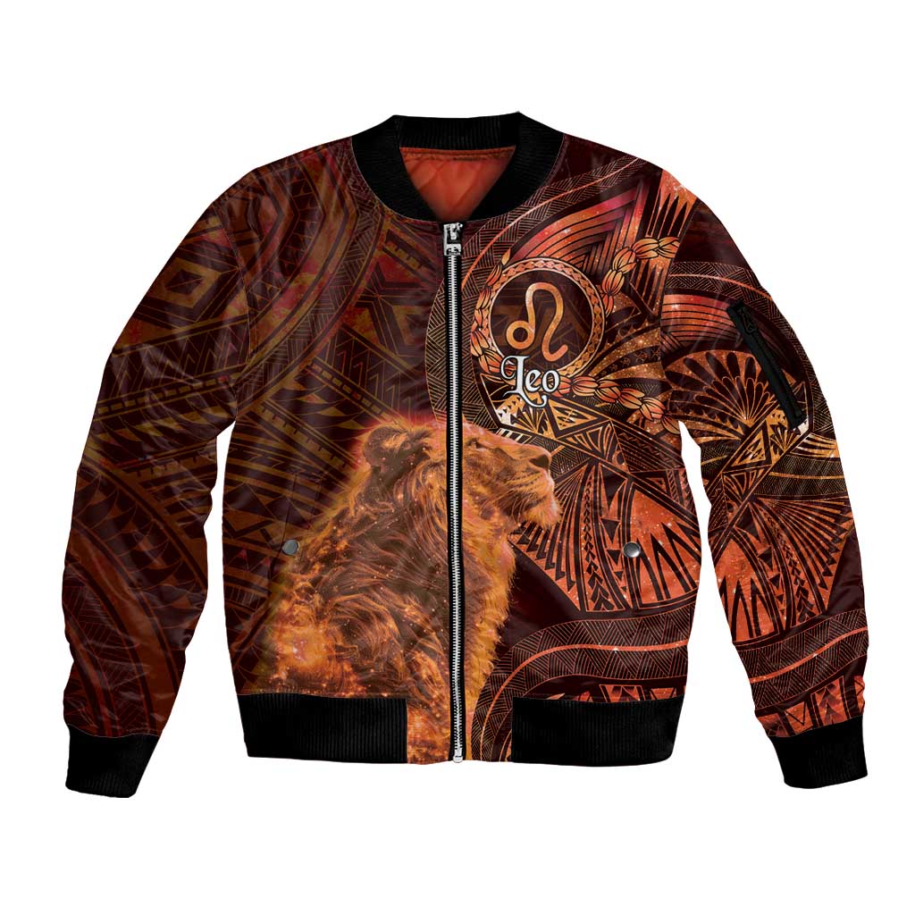 Personalised Polynesia Zodiac Leo Sleeve Zip Bomber Jacket Galaxy Polynesian Pattern Chest Tattoo Style LT14 Unisex Orange - Polynesian Pride