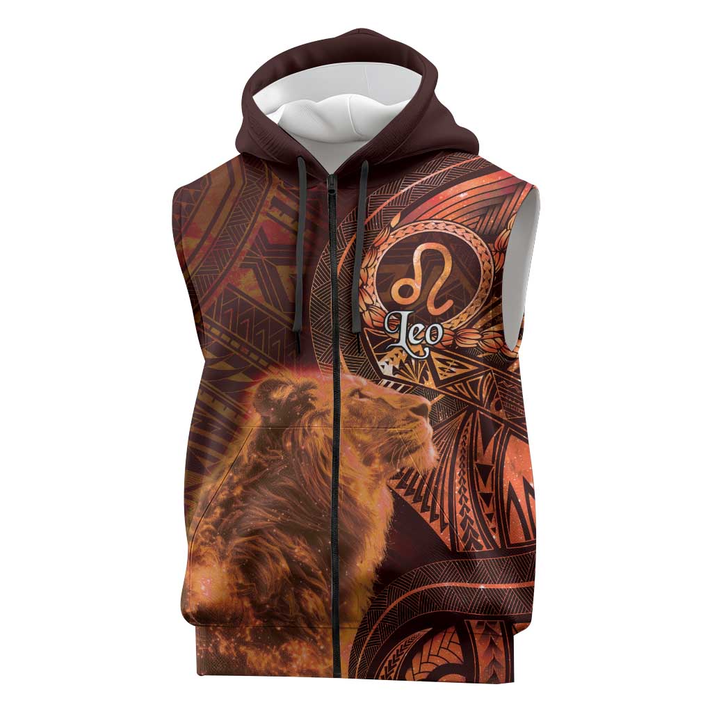 Personalised Polynesia Zodiac Leo Sleeveless Zip Hoodie Galaxy Polynesian Pattern Chest Tattoo Style LT14 Orange - Polynesian Pride