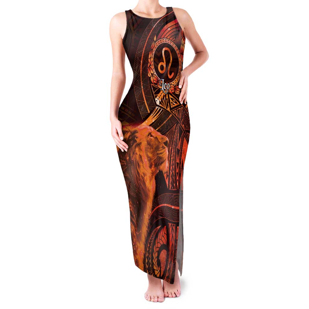 Personalised Polynesia Zodiac Leo Tank Maxi Dress Galaxy Polynesian Pattern Chest Tattoo Style LT14 Women Orange - Polynesian Pride