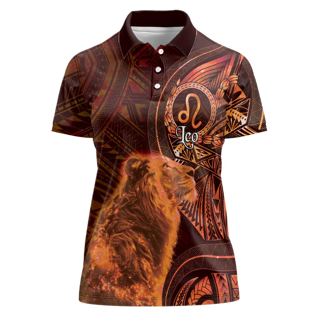 Personalised Polynesia Zodiac Leo Women Polo Shirt Galaxy Polynesian Pattern Chest Tattoo Style LT14 Female Orange - Polynesian Pride
