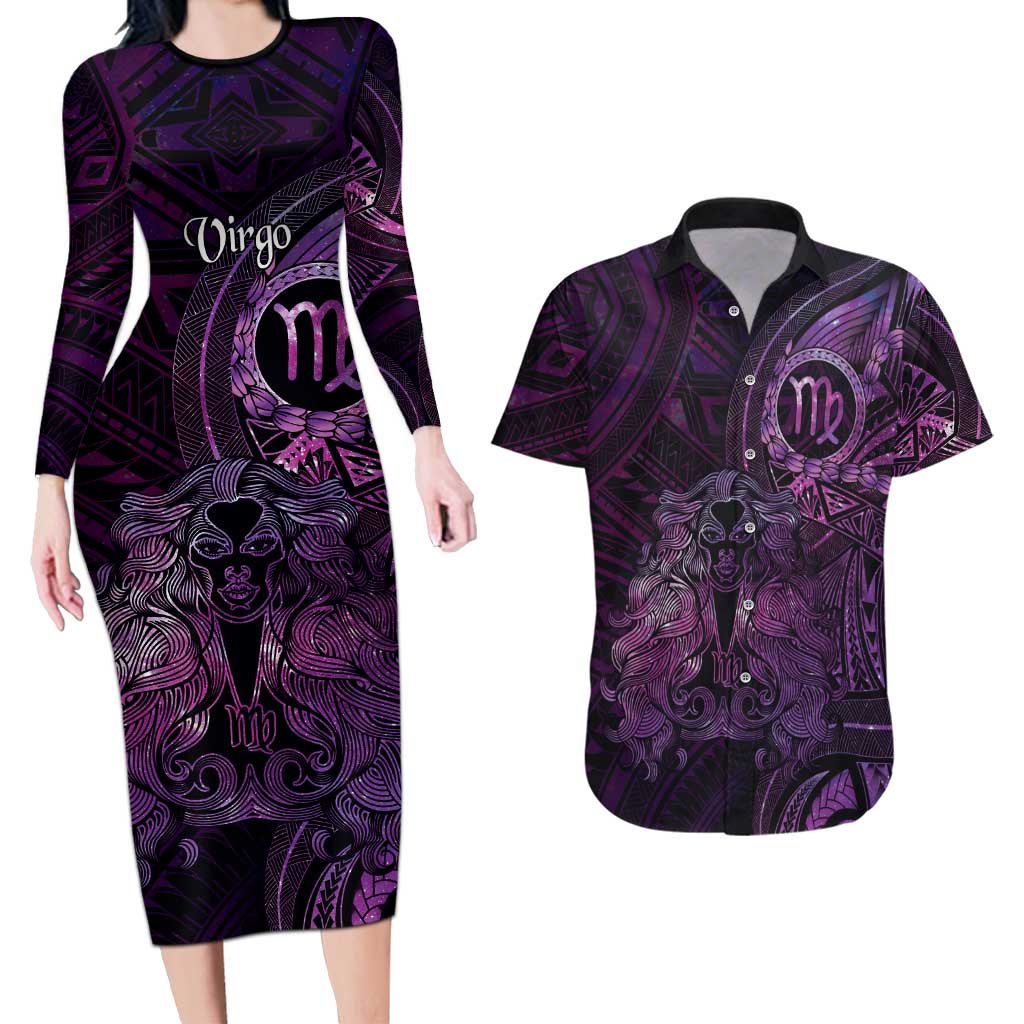 Personalised Polynesia Zodiac Virgo Couples Matching Long Sleeve Bodycon Dress and Hawaiian Shirt Galaxy Polynesian Pattern Chest Tattoo Style LT14 Purple - Polynesian Pride