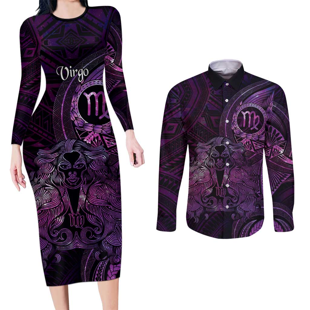 Personalised Polynesia Zodiac Virgo Couples Matching Long Sleeve Bodycon Dress and Long Sleeve Button Shirt Galaxy Polynesian Pattern Chest Tattoo Style LT14 Purple - Polynesian Pride
