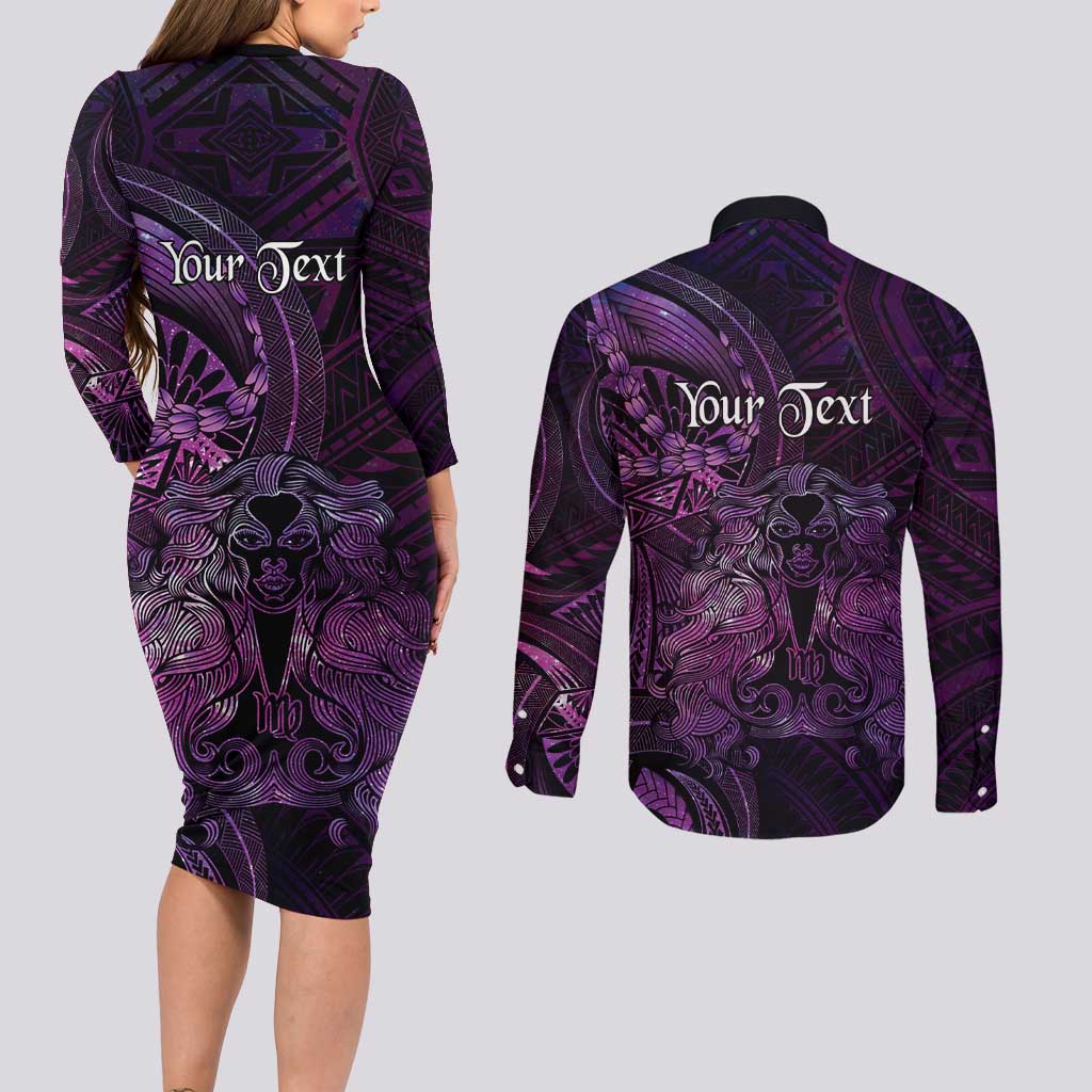 Personalised Polynesia Zodiac Virgo Couples Matching Long Sleeve Bodycon Dress and Long Sleeve Button Shirt Galaxy Polynesian Pattern Chest Tattoo Style LT14 - Polynesian Pride