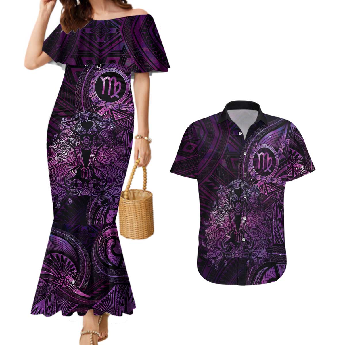 Personalised Polynesia Zodiac Virgo Couples Matching Mermaid Dress and Hawaiian Shirt Galaxy Polynesian Pattern Chest Tattoo Style LT14 Purple - Polynesian Pride