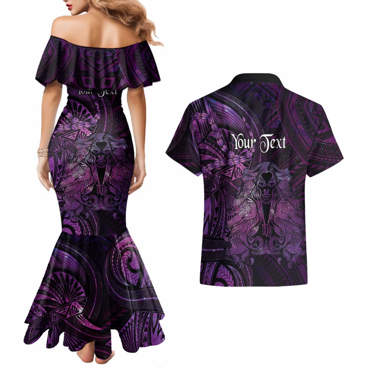 Personalised Polynesia Zodiac Virgo Couples Matching Mermaid Dress and Hawaiian Shirt Galaxy Polynesian Pattern Chest Tattoo Style LT14 - Polynesian Pride