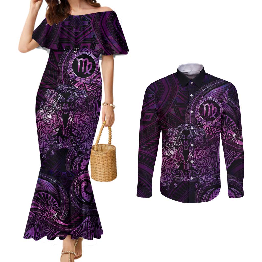 Personalised Polynesia Zodiac Virgo Couples Matching Mermaid Dress and Long Sleeve Button Shirt Galaxy Polynesian Pattern Chest Tattoo Style LT14 Purple - Polynesian Pride
