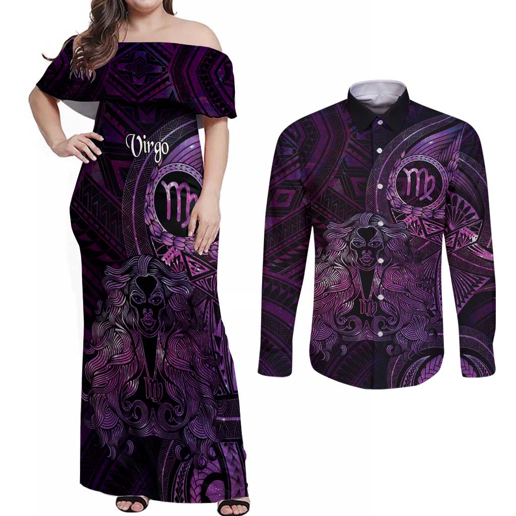 Personalised Polynesia Zodiac Virgo Couples Matching Off Shoulder Maxi Dress and Long Sleeve Button Shirt Galaxy Polynesian Pattern Chest Tattoo Style LT14 Purple - Polynesian Pride