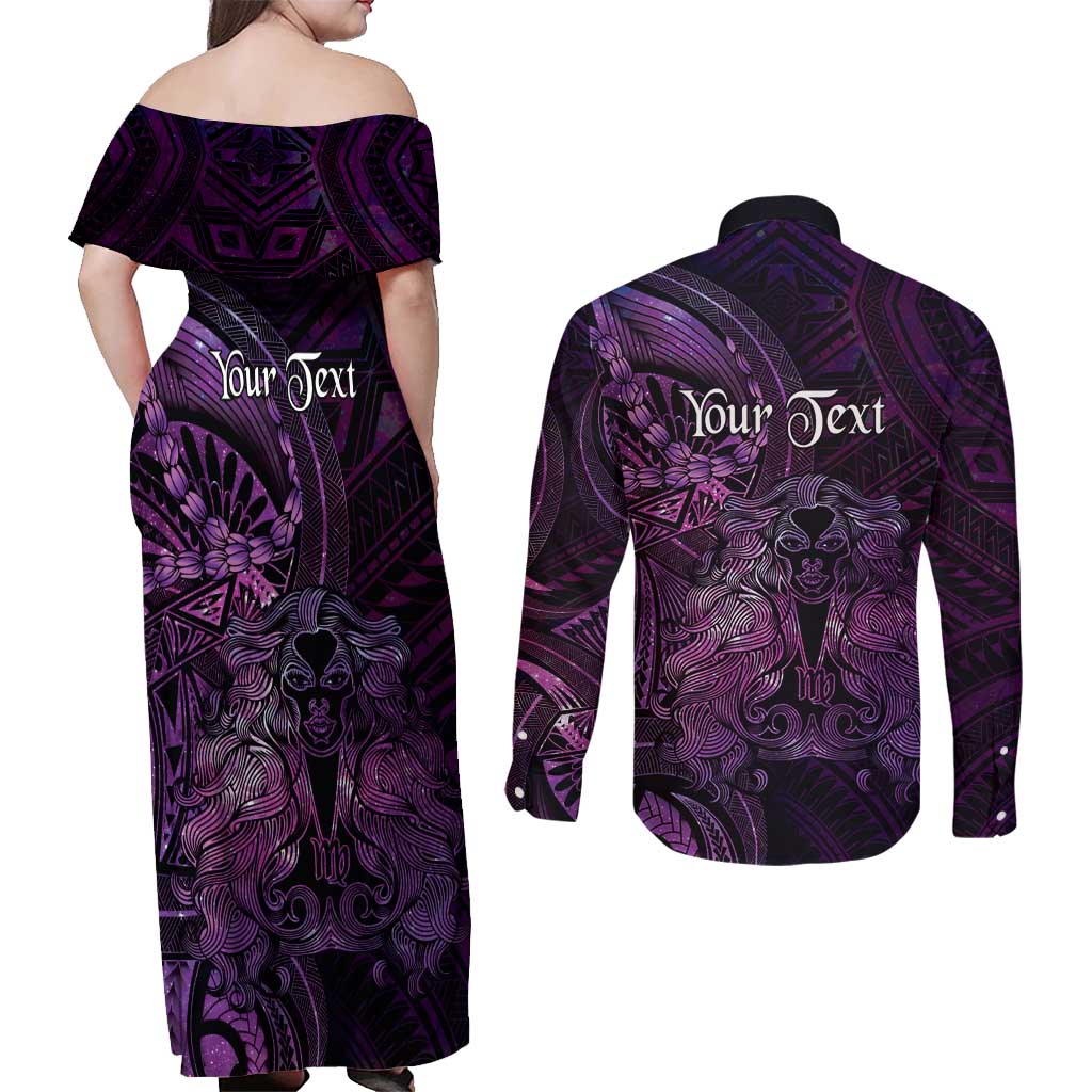 Personalised Polynesia Zodiac Virgo Couples Matching Off Shoulder Maxi Dress and Long Sleeve Button Shirt Galaxy Polynesian Pattern Chest Tattoo Style LT14 - Polynesian Pride
