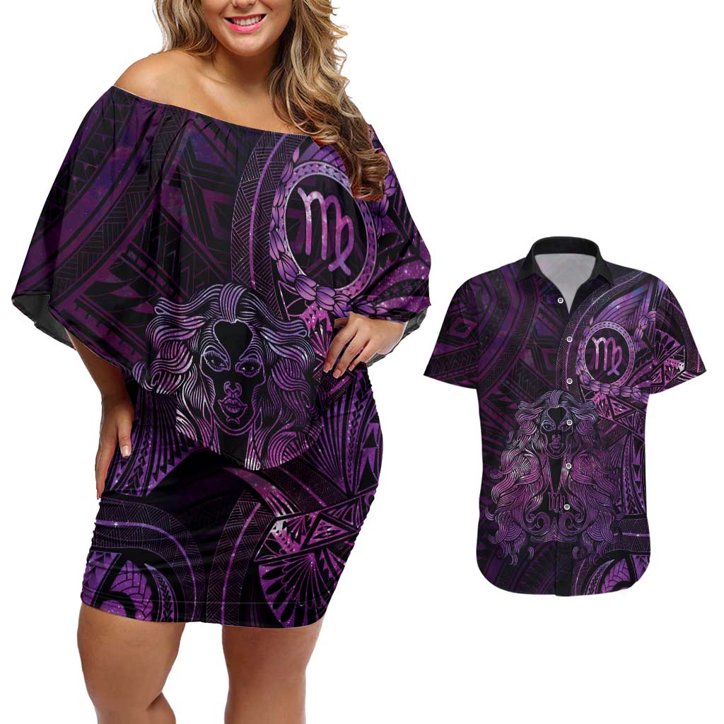 Personalised Polynesia Zodiac Virgo Couples Matching Off Shoulder Short Dress and Hawaiian Shirt Galaxy Polynesian Pattern Chest Tattoo Style LT14 Purple - Polynesian Pride