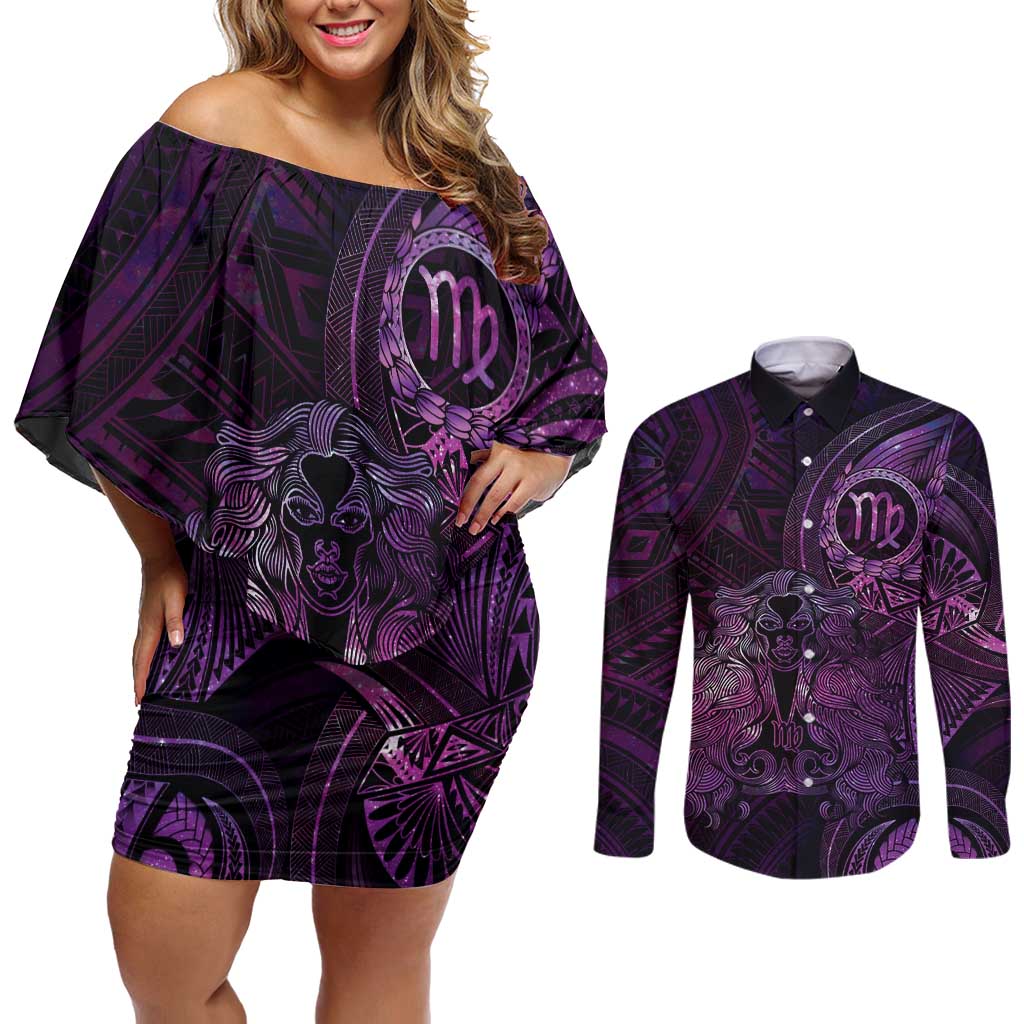 Personalised Polynesia Zodiac Virgo Couples Matching Off Shoulder Short Dress and Long Sleeve Button Shirt Galaxy Polynesian Pattern Chest Tattoo Style LT14 Purple - Polynesian Pride