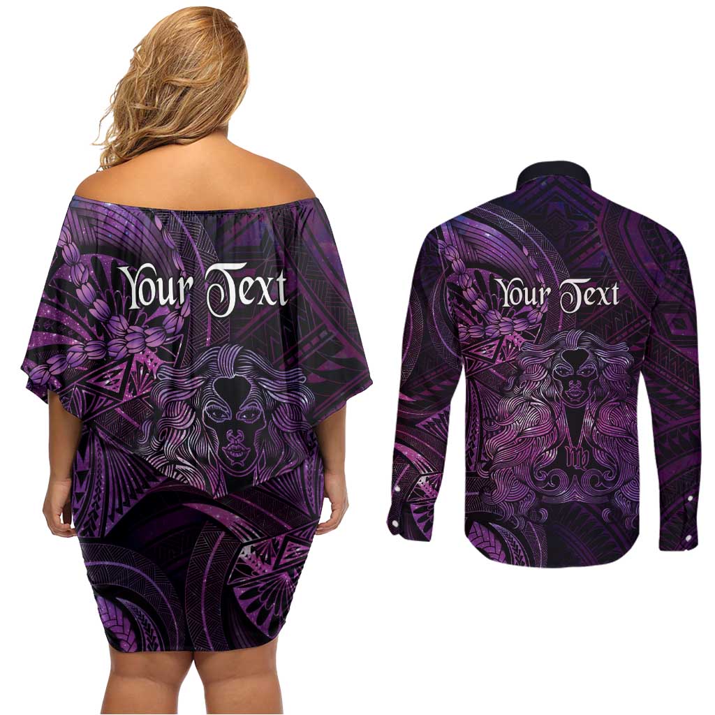 Personalised Polynesia Zodiac Virgo Couples Matching Off Shoulder Short Dress and Long Sleeve Button Shirt Galaxy Polynesian Pattern Chest Tattoo Style LT14 - Polynesian Pride