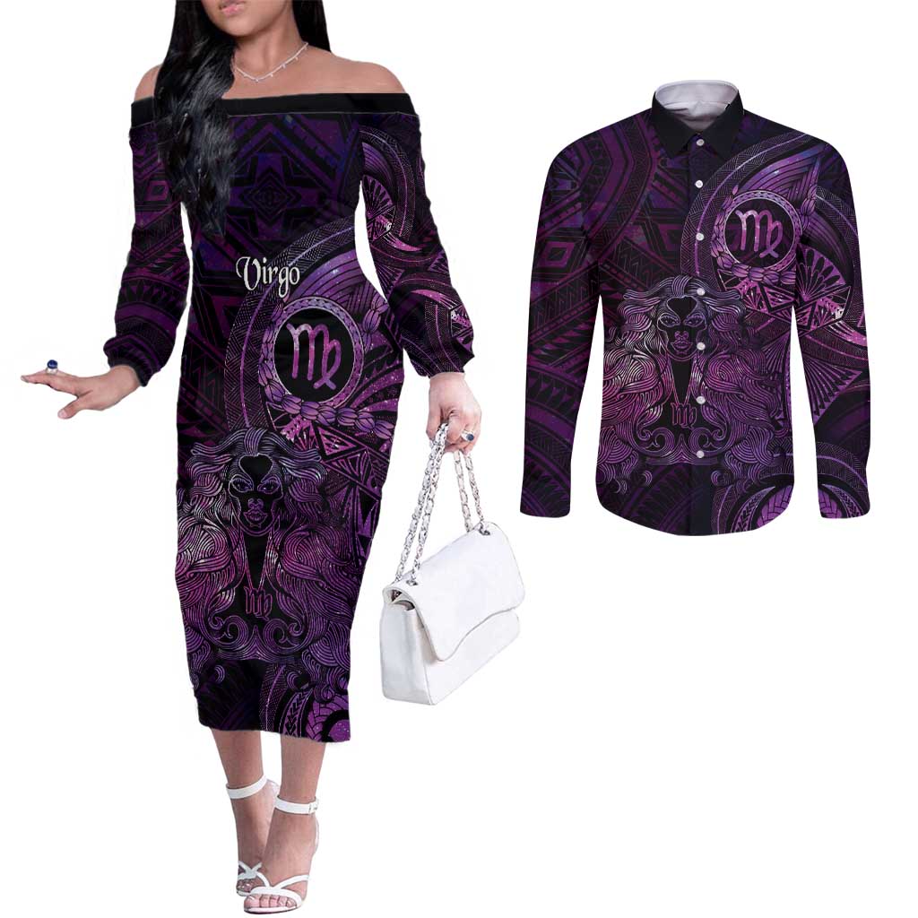 Personalised Polynesia Zodiac Virgo Couples Matching Off The Shoulder Long Sleeve Dress and Long Sleeve Button Shirt Galaxy Polynesian Pattern Chest Tattoo Style LT14 Purple - Polynesian Pride