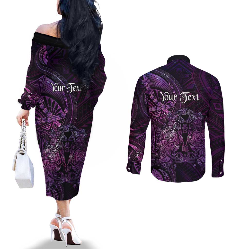 Personalised Polynesia Zodiac Virgo Couples Matching Off The Shoulder Long Sleeve Dress and Long Sleeve Button Shirt Galaxy Polynesian Pattern Chest Tattoo Style LT14 - Polynesian Pride