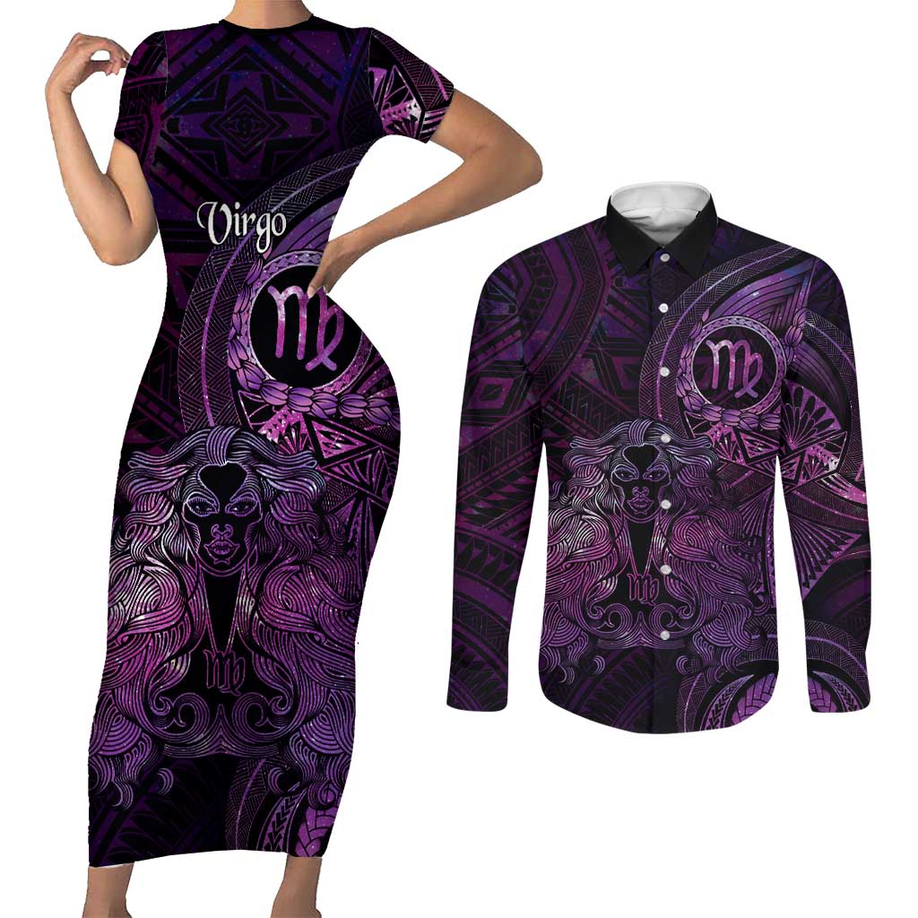 Personalised Polynesia Zodiac Virgo Couples Matching Short Sleeve Bodycon Dress and Long Sleeve Button Shirt Galaxy Polynesian Pattern Chest Tattoo Style LT14 Purple - Polynesian Pride