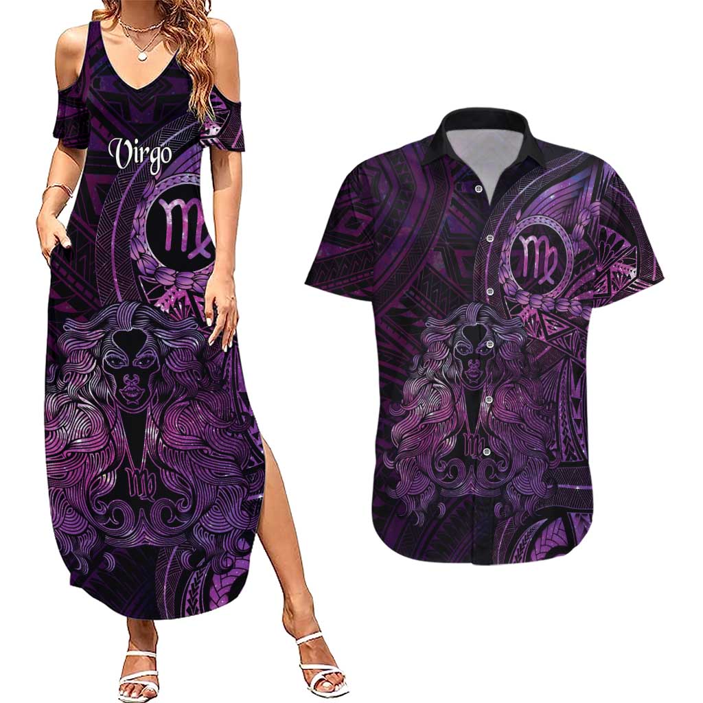 Personalised Polynesia Zodiac Virgo Couples Matching Summer Maxi Dress and Hawaiian Shirt Galaxy Polynesian Pattern Chest Tattoo Style LT14 Purple - Polynesian Pride