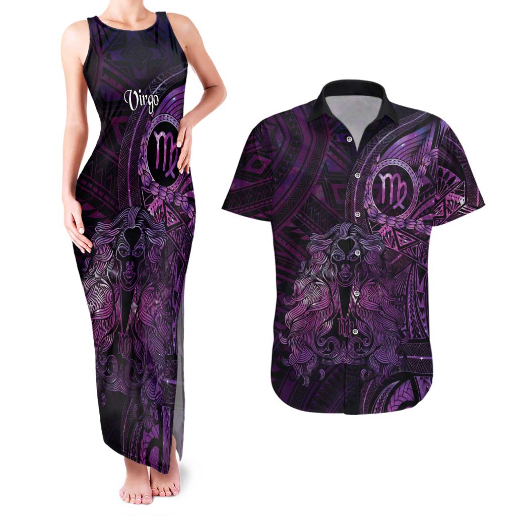 Personalised Polynesia Zodiac Virgo Couples Matching Tank Maxi Dress and Hawaiian Shirt Galaxy Polynesian Pattern Chest Tattoo Style LT14 Purple - Polynesian Pride