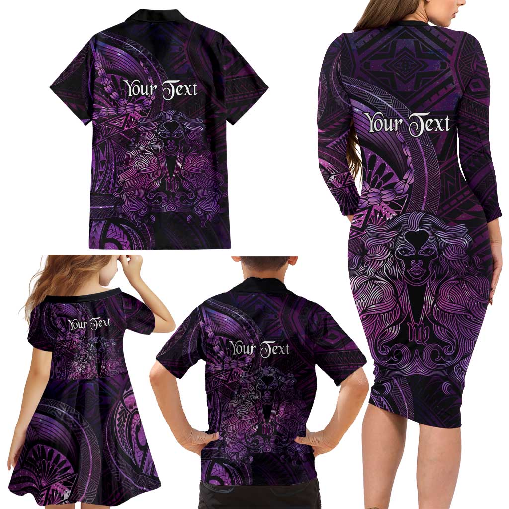 Personalised Polynesia Zodiac Virgo Family Matching Long Sleeve Bodycon Dress and Hawaiian Shirt Galaxy Polynesian Pattern Chest Tattoo Style