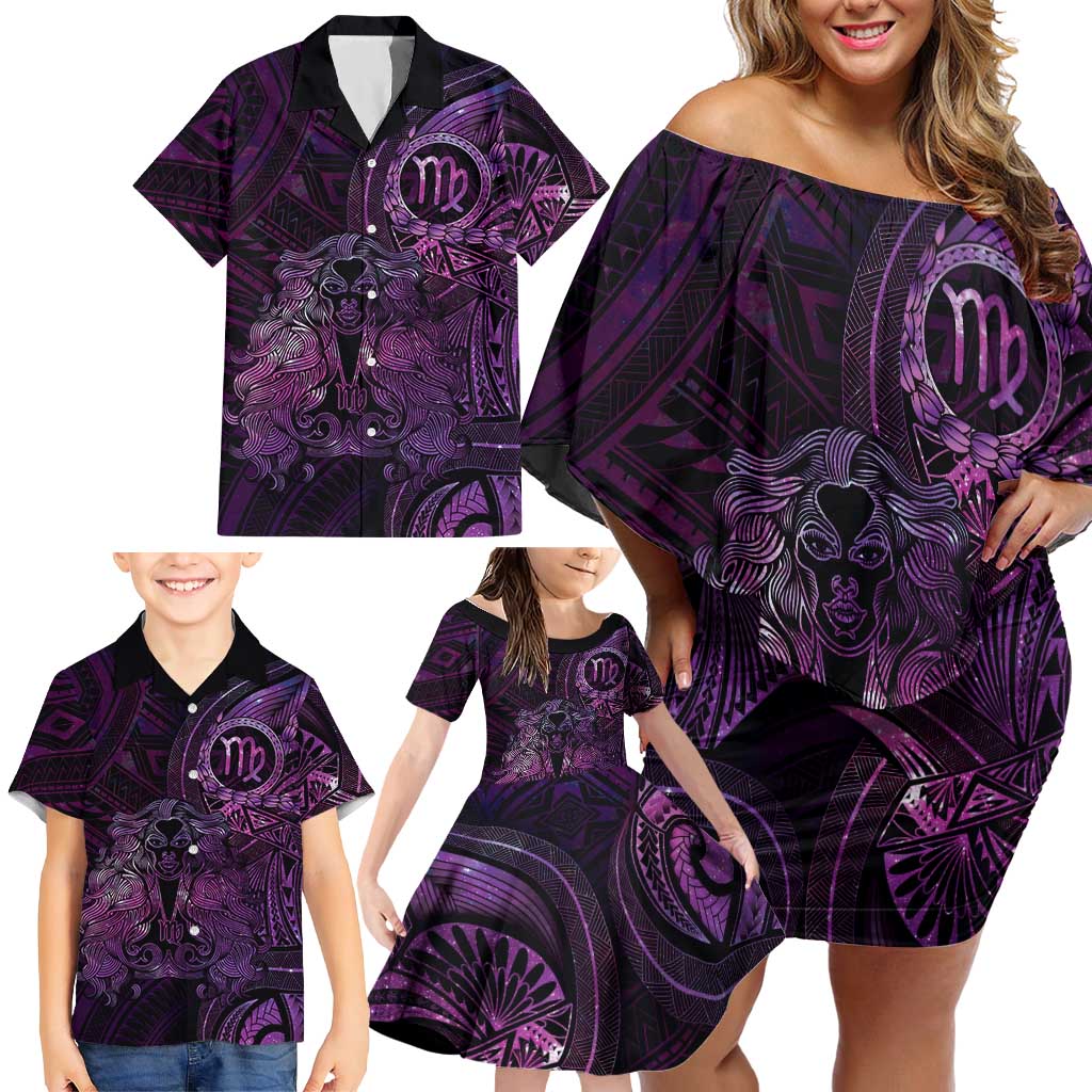 Personalised Polynesia Zodiac Virgo Family Matching Off Shoulder Short Dress and Hawaiian Shirt Galaxy Polynesian Pattern Chest Tattoo Style LT14 - Polynesian Pride