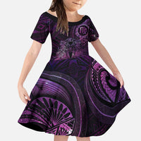Personalised Polynesia Zodiac Virgo Family Matching Puletasi and Hawaiian Shirt Galaxy Polynesian Pattern Chest Tattoo Style LT14 Daughter's Dress Purple - Polynesian Pride