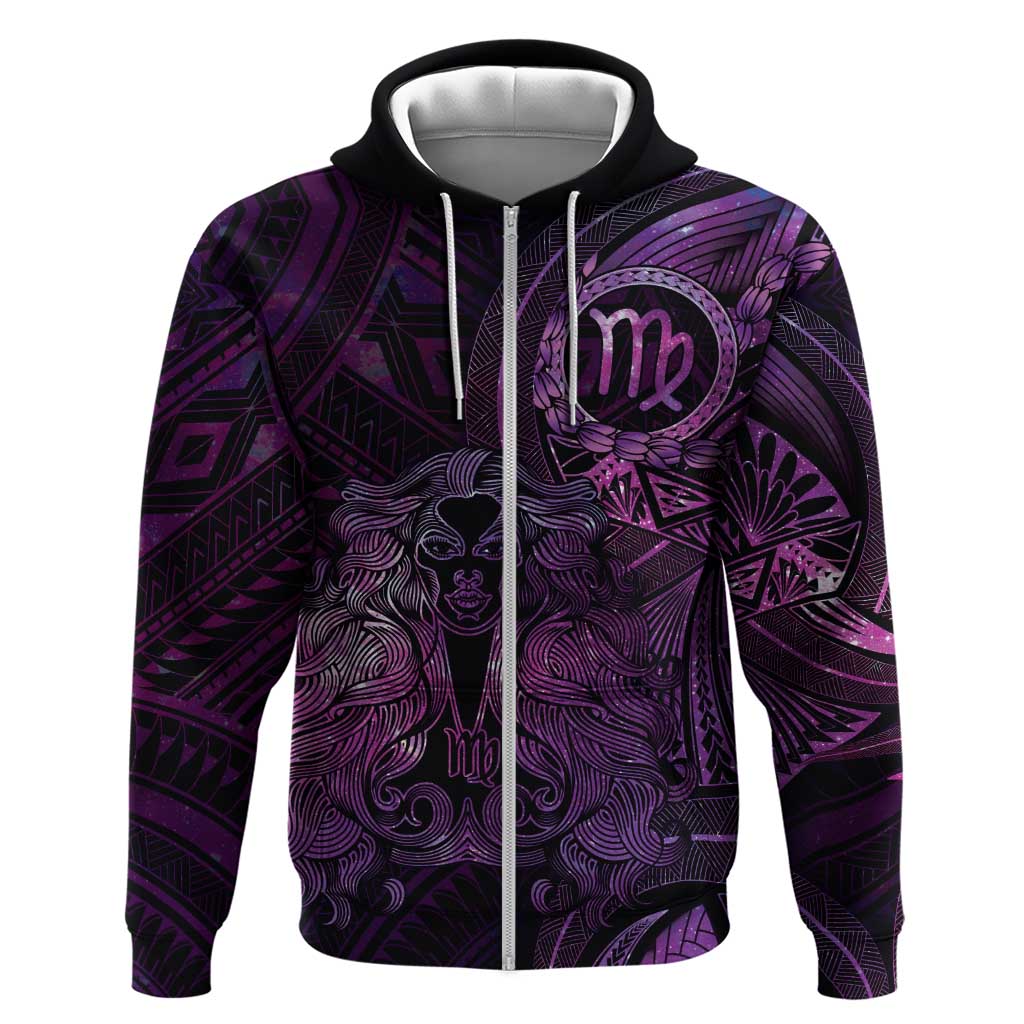Personalised Polynesia Zodiac Virgo Hoodie Galaxy Polynesian Pattern Chest Tattoo Style LT14 Zip Hoodie Purple - Polynesian Pride