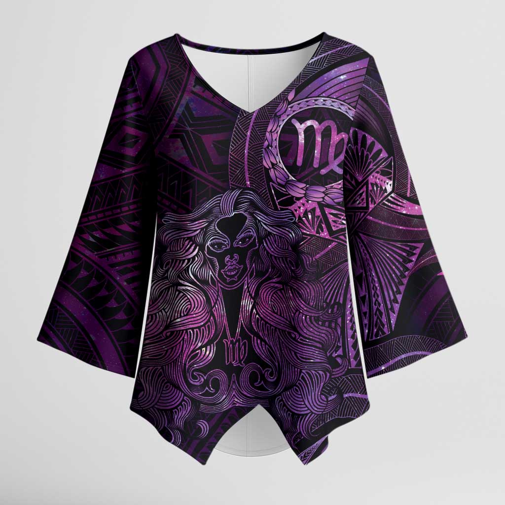 Personalised Polynesia Zodiac Virgo Kimono Sleeve Blouse Galaxy Polynesian Pattern Chest Tattoo Style LT14 Female Purple - Polynesian Pride