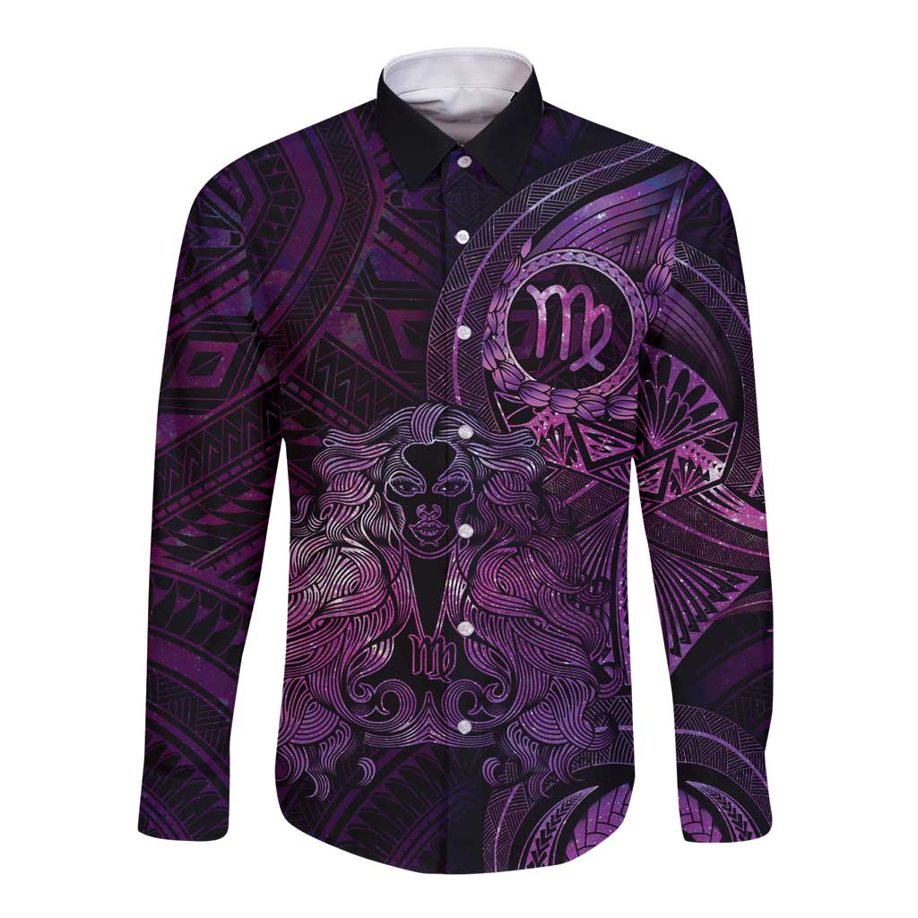 Personalised Polynesia Zodiac Virgo Long Sleeve Button Shirt Galaxy Polynesian Pattern Chest Tattoo Style LT14 Unisex Purple - Polynesian Pride