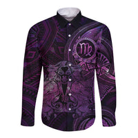Personalised Polynesia Zodiac Virgo Long Sleeve Button Shirt Galaxy Polynesian Pattern Chest Tattoo Style LT14 Unisex Purple - Polynesian Pride