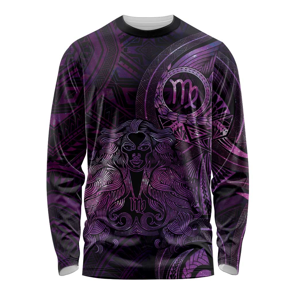 Personalised Polynesia Zodiac Virgo Long Sleeve Shirt Galaxy Polynesian Pattern Chest Tattoo Style LT14 Unisex Purple - Polynesian Pride