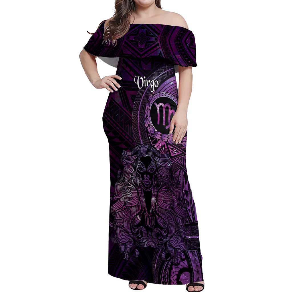 Personalised Polynesia Zodiac Virgo Off Shoulder Maxi Dress Galaxy Polynesian Pattern Chest Tattoo Style LT14 Women Purple - Polynesian Pride