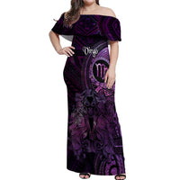 Personalised Polynesia Zodiac Virgo Off Shoulder Maxi Dress Galaxy Polynesian Pattern Chest Tattoo Style LT14 Women Purple - Polynesian Pride