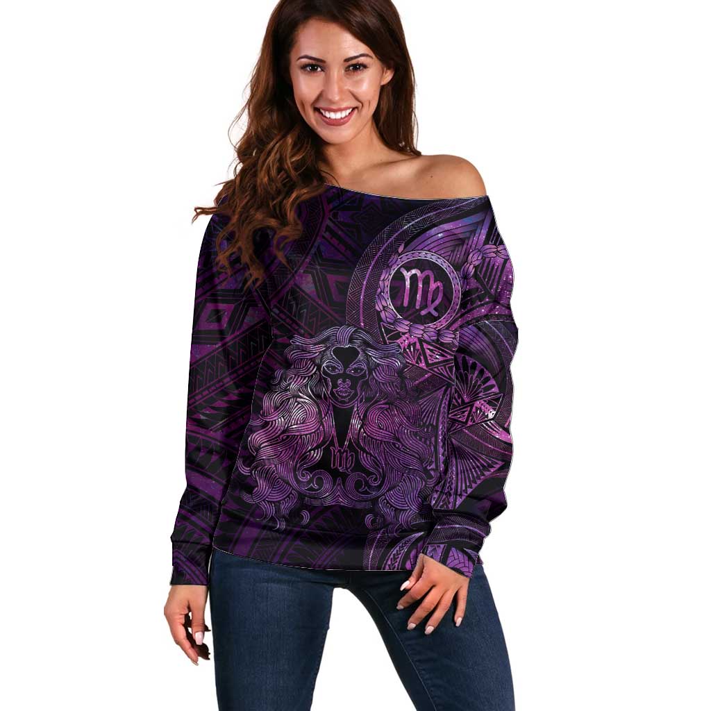 Personalised Polynesia Zodiac Virgo Off Shoulder Sweater Galaxy Polynesian Pattern Chest Tattoo Style LT14 Women Purple - Polynesian Pride