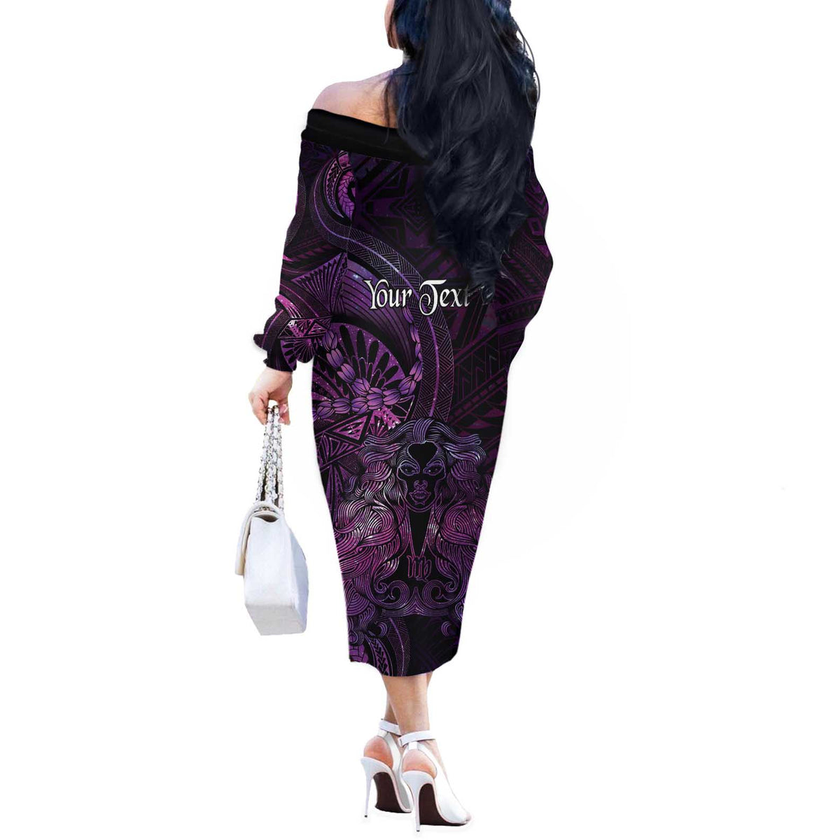 Personalised Polynesia Zodiac Virgo Off The Shoulder Long Sleeve Dress Galaxy Polynesian Pattern Chest Tattoo Style LT14 - Polynesian Pride