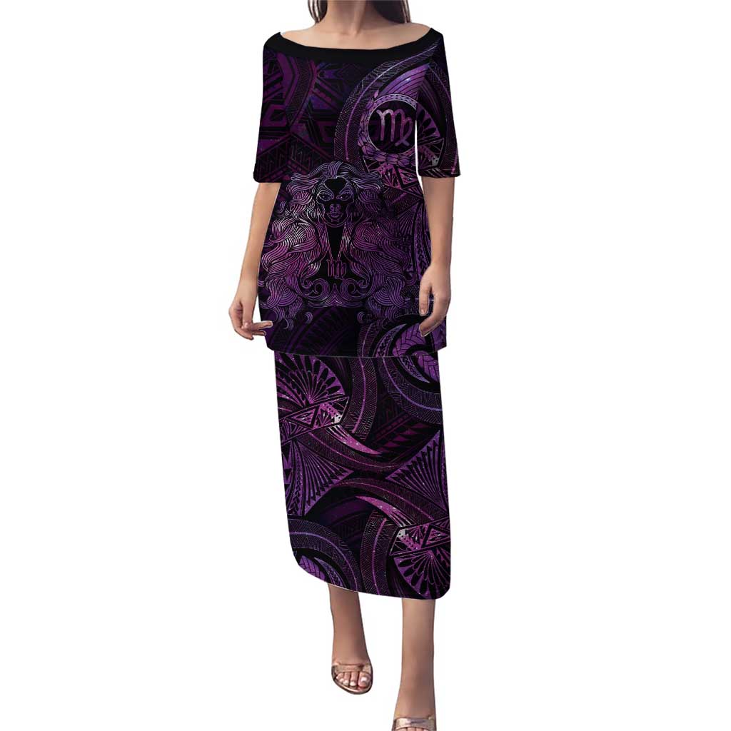 Personalised Polynesia Zodiac Virgo Puletasi Galaxy Polynesian Pattern Chest Tattoo Style LT14 Long Dress Purple - Polynesian Pride