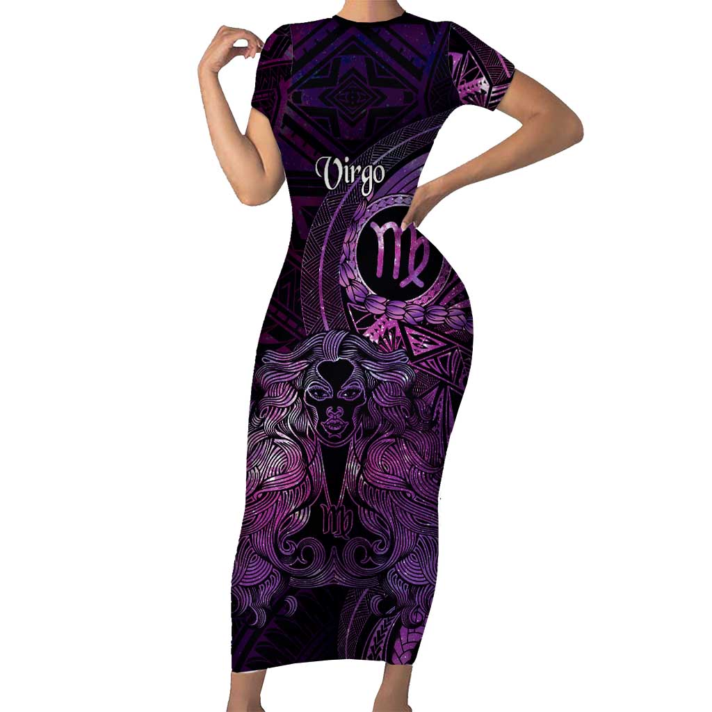 Personalised Polynesia Zodiac Virgo Short Sleeve Bodycon Dress Galaxy Polynesian Pattern Chest Tattoo Style LT14 Long Dress Purple - Polynesian Pride