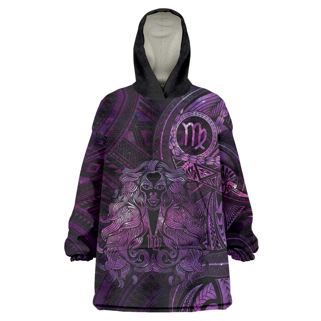 Personalised Polynesia Zodiac Virgo Wearable Blanket Hoodie Galaxy Polynesian Pattern Chest Tattoo Style LT14 One Size Purple - Polynesian Pride