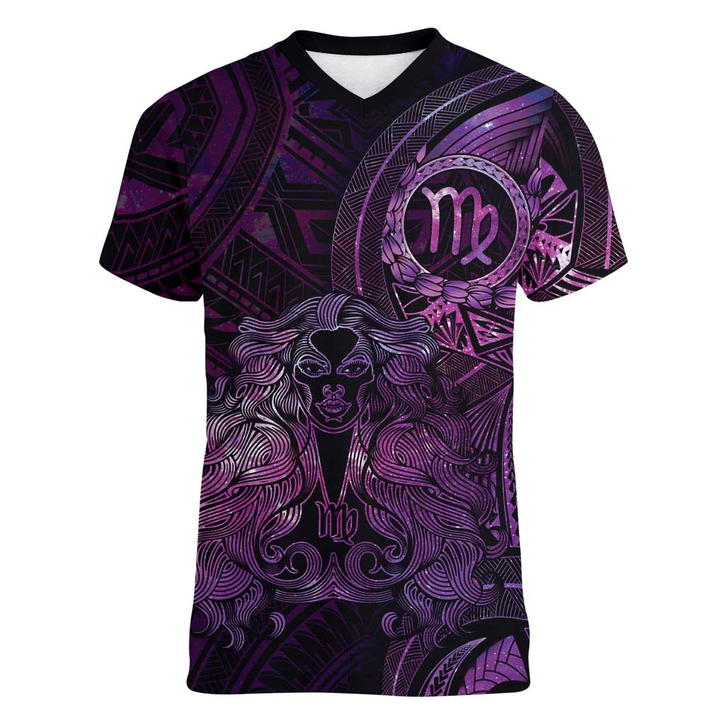 Personalised Polynesia Zodiac Virgo Women V-Neck T-Shirt Galaxy Polynesian Pattern Chest Tattoo Style LT14 Female Purple - Polynesian Pride