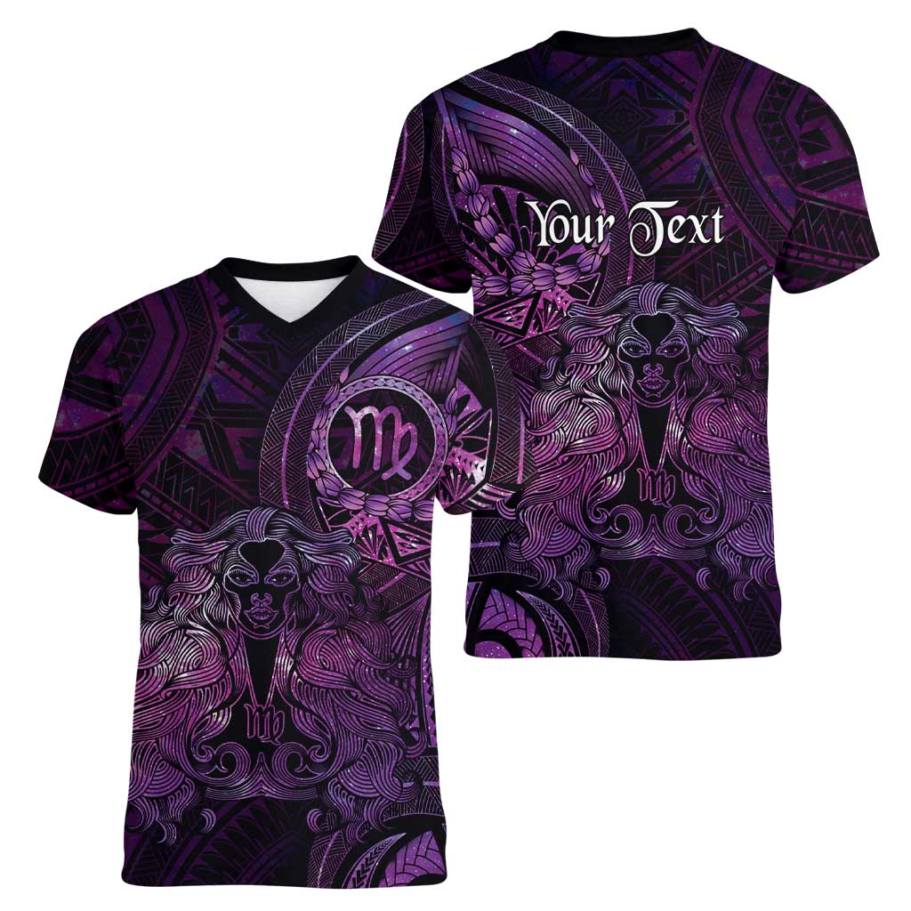 Personalised Polynesia Zodiac Virgo Women V-Neck T-Shirt Galaxy Polynesian Pattern Chest Tattoo Style