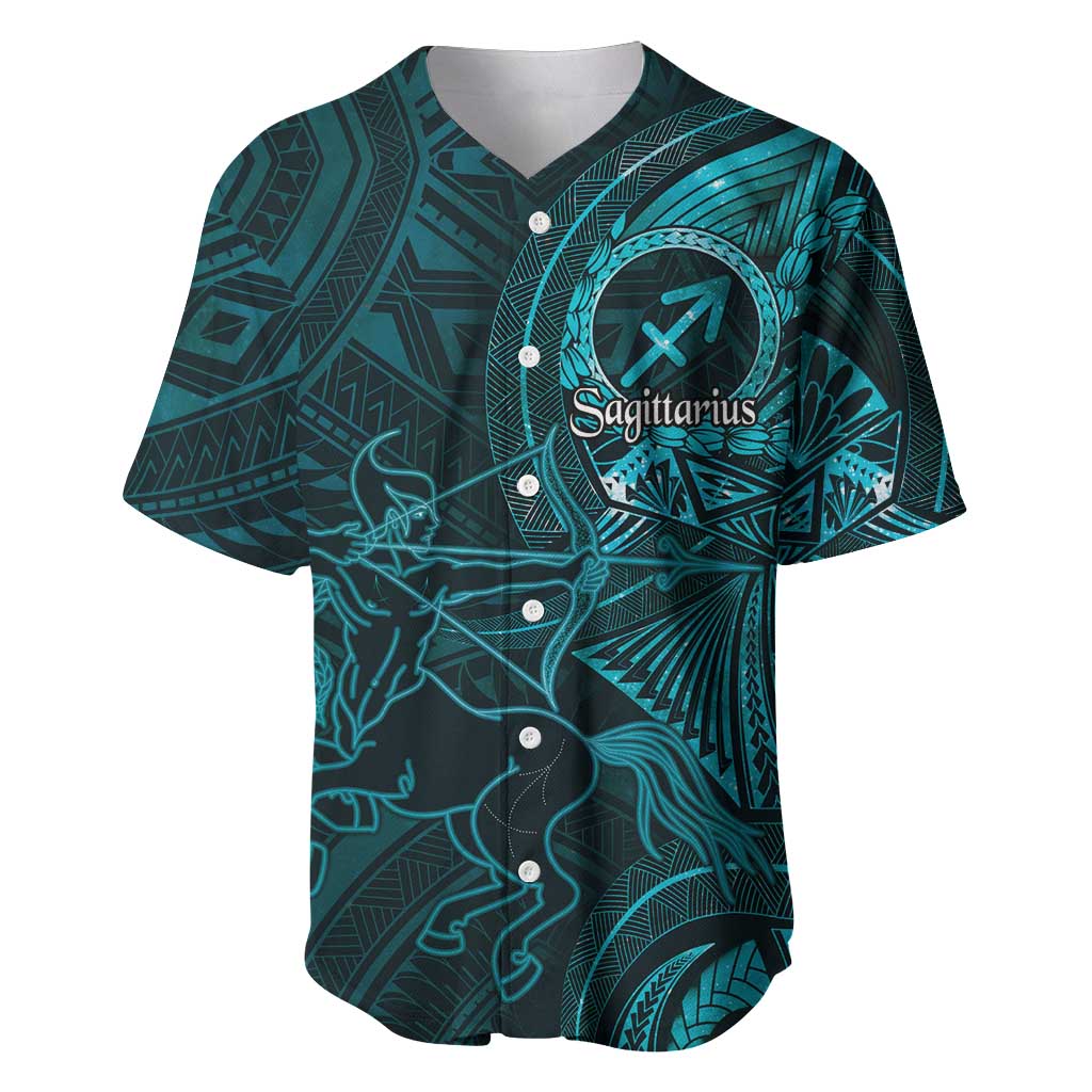 Personalised Polynesia Zodiac Sagittarius Baseball Jersey Galaxy Polynesian Pattern Chest Tattoo Style LT14 Cyan - Polynesian Pride