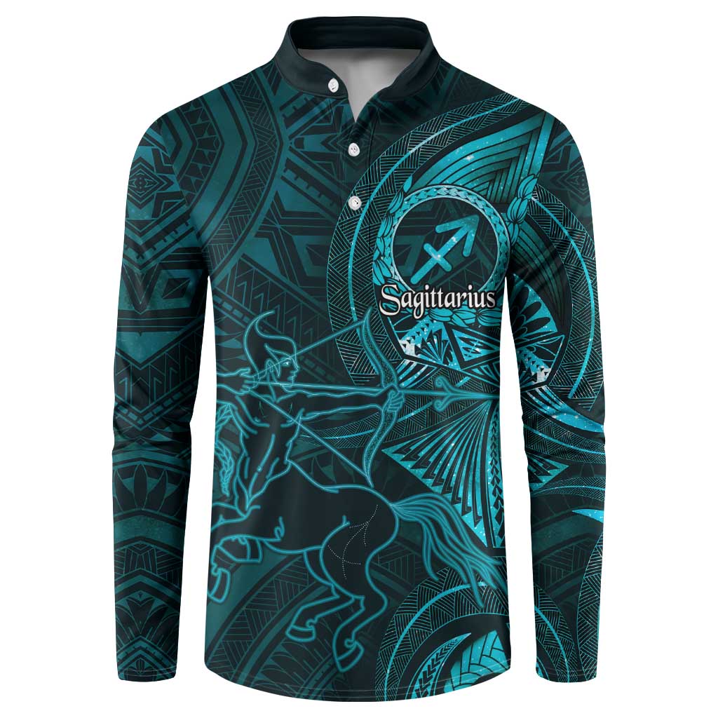 Personalised Polynesia Zodiac Sagittarius Button Sweatshirt Galaxy Polynesian Pattern Chest Tattoo Style LT14 Cyan - Polynesian Pride