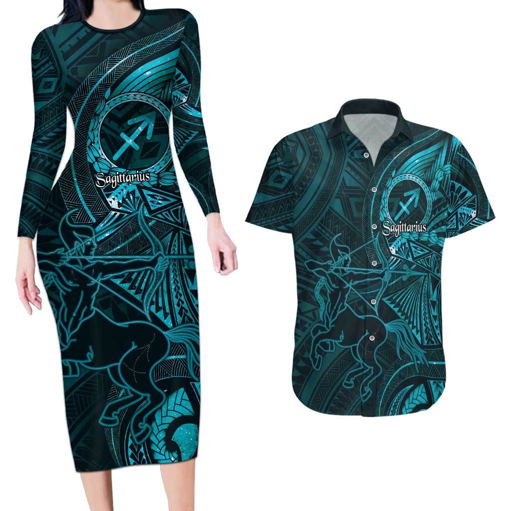 Personalised Polynesia Zodiac Sagittarius Couples Matching Long Sleeve Bodycon Dress and Hawaiian Shirt Galaxy Polynesian Pattern Chest Tattoo Style LT14 Cyan - Polynesian Pride