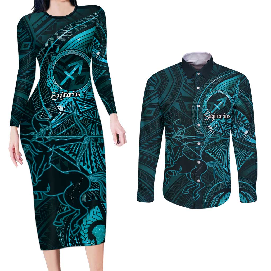Personalised Polynesia Zodiac Sagittarius Couples Matching Long Sleeve Bodycon Dress and Long Sleeve Button Shirt Galaxy Polynesian Pattern Chest Tattoo Style LT14 Cyan - Polynesian Pride