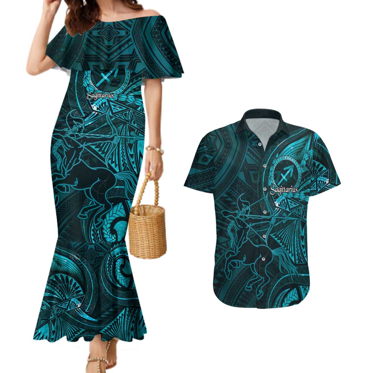 Personalised Polynesia Zodiac Sagittarius Couples Matching Mermaid Dress and Hawaiian Shirt Galaxy Polynesian Pattern Chest Tattoo Style LT14 Cyan - Polynesian Pride