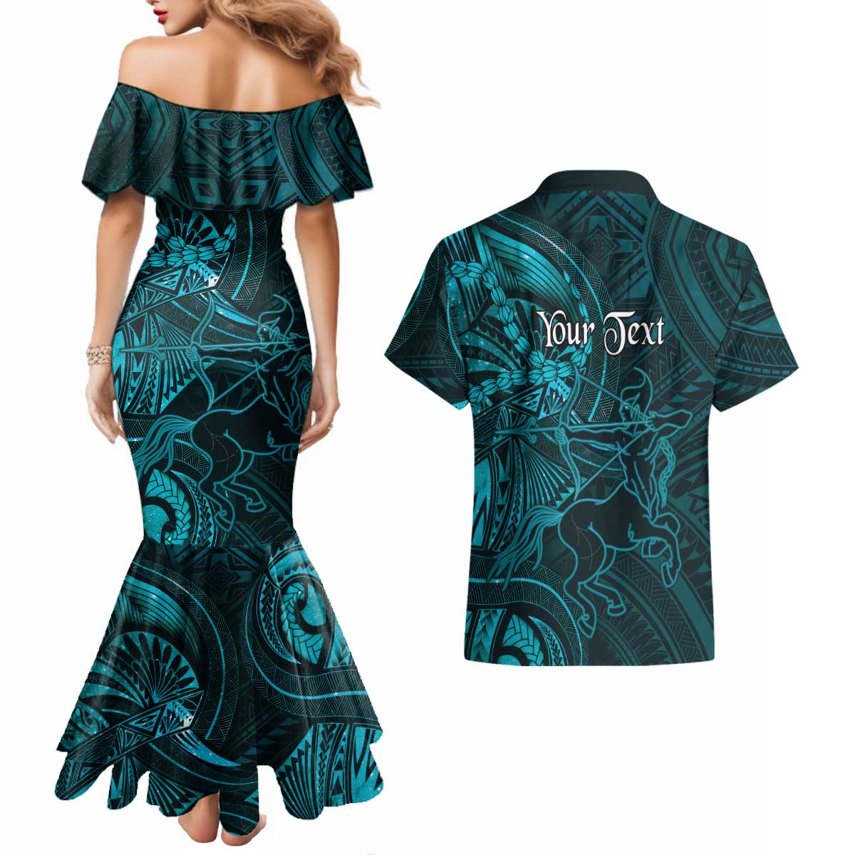 Personalised Polynesia Zodiac Sagittarius Couples Matching Mermaid Dress and Hawaiian Shirt Galaxy Polynesian Pattern Chest Tattoo Style