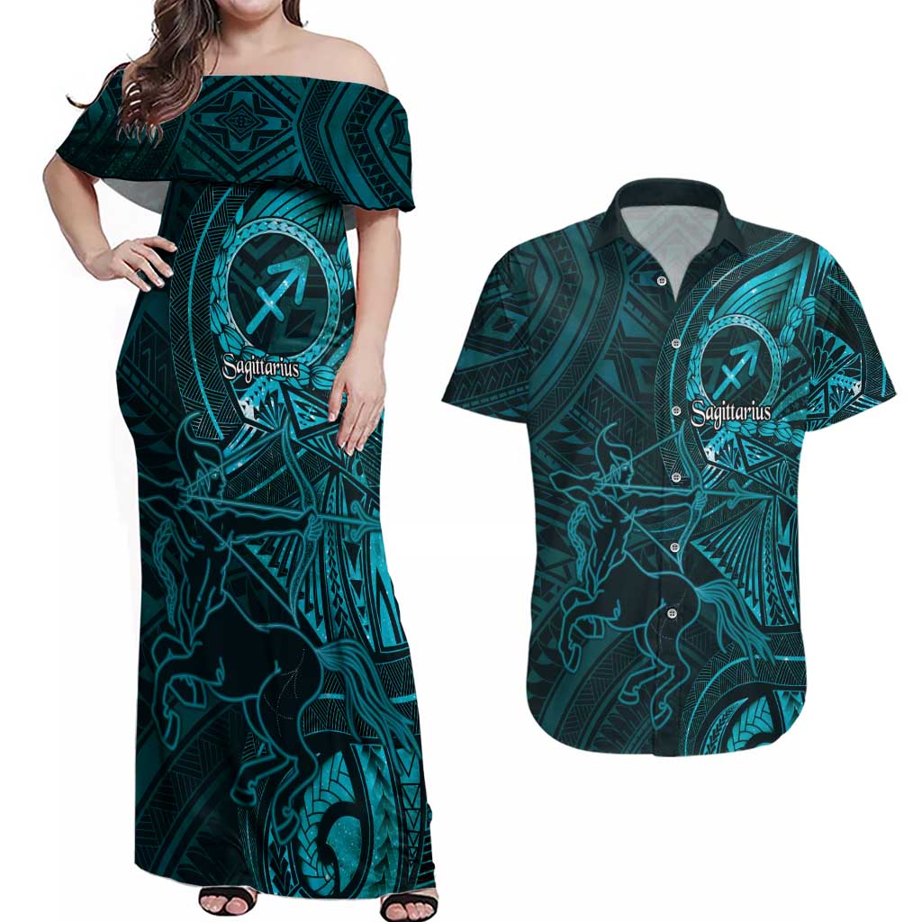 Personalised Polynesia Zodiac Sagittarius Couples Matching Off Shoulder Maxi Dress and Hawaiian Shirt Galaxy Polynesian Pattern Chest Tattoo Style LT14 Cyan - Polynesian Pride