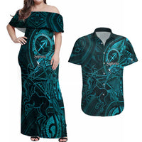 Personalised Polynesia Zodiac Sagittarius Couples Matching Off Shoulder Maxi Dress and Hawaiian Shirt Galaxy Polynesian Pattern Chest Tattoo Style LT14 Cyan - Polynesian Pride