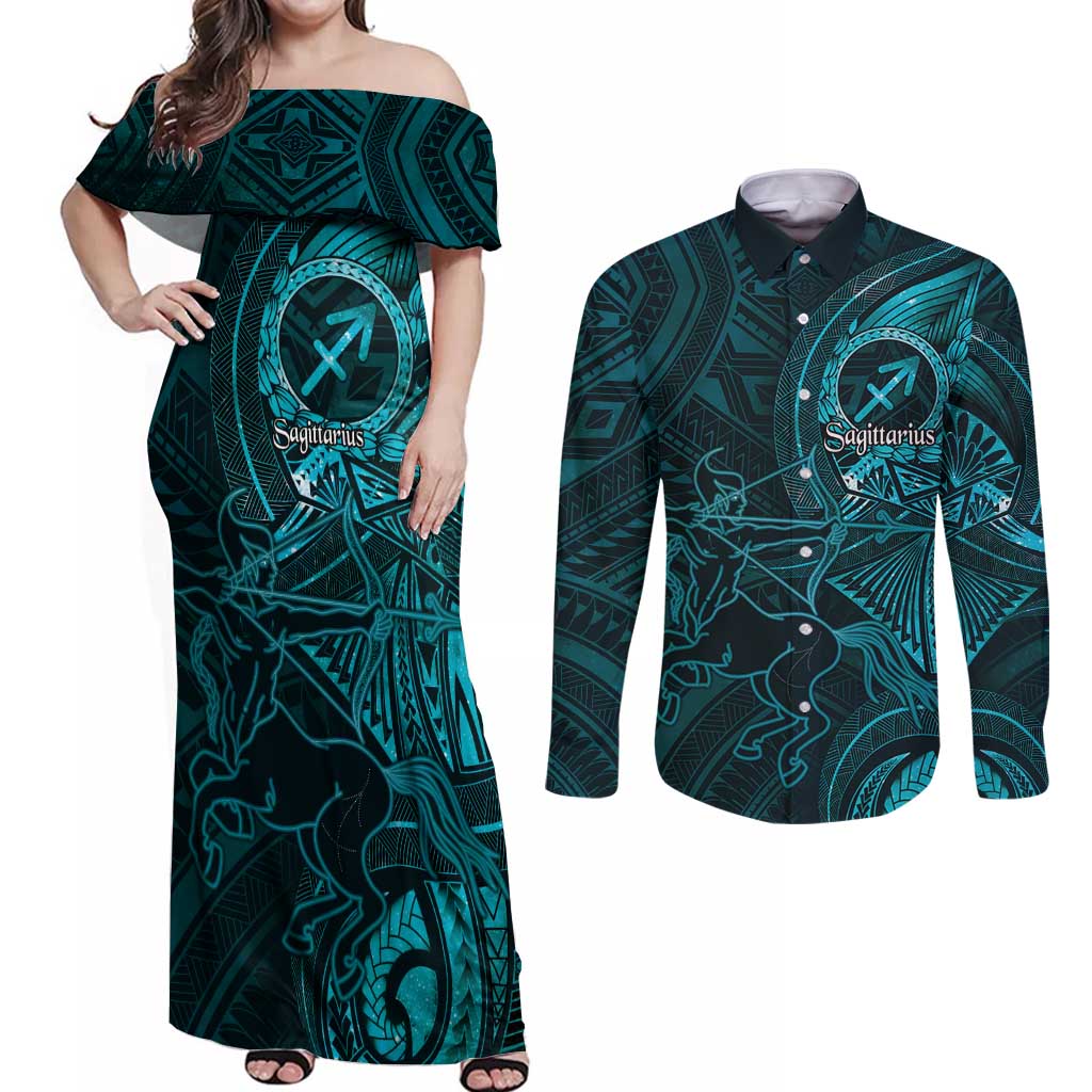 Personalised Polynesia Zodiac Sagittarius Couples Matching Off Shoulder Maxi Dress and Long Sleeve Button Shirt Galaxy Polynesian Pattern Chest Tattoo Style LT14 Cyan - Polynesian Pride