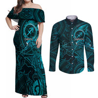 Personalised Polynesia Zodiac Sagittarius Couples Matching Off Shoulder Maxi Dress and Long Sleeve Button Shirt Galaxy Polynesian Pattern Chest Tattoo Style LT14 Cyan - Polynesian Pride