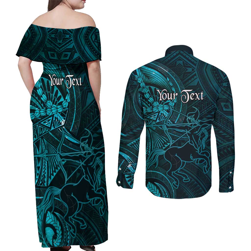 Personalised Polynesia Zodiac Sagittarius Couples Matching Off Shoulder Maxi Dress and Long Sleeve Button Shirt Galaxy Polynesian Pattern Chest Tattoo Style LT14 - Polynesian Pride