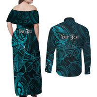Personalised Polynesia Zodiac Sagittarius Couples Matching Off Shoulder Maxi Dress and Long Sleeve Button Shirt Galaxy Polynesian Pattern Chest Tattoo Style LT14 - Polynesian Pride